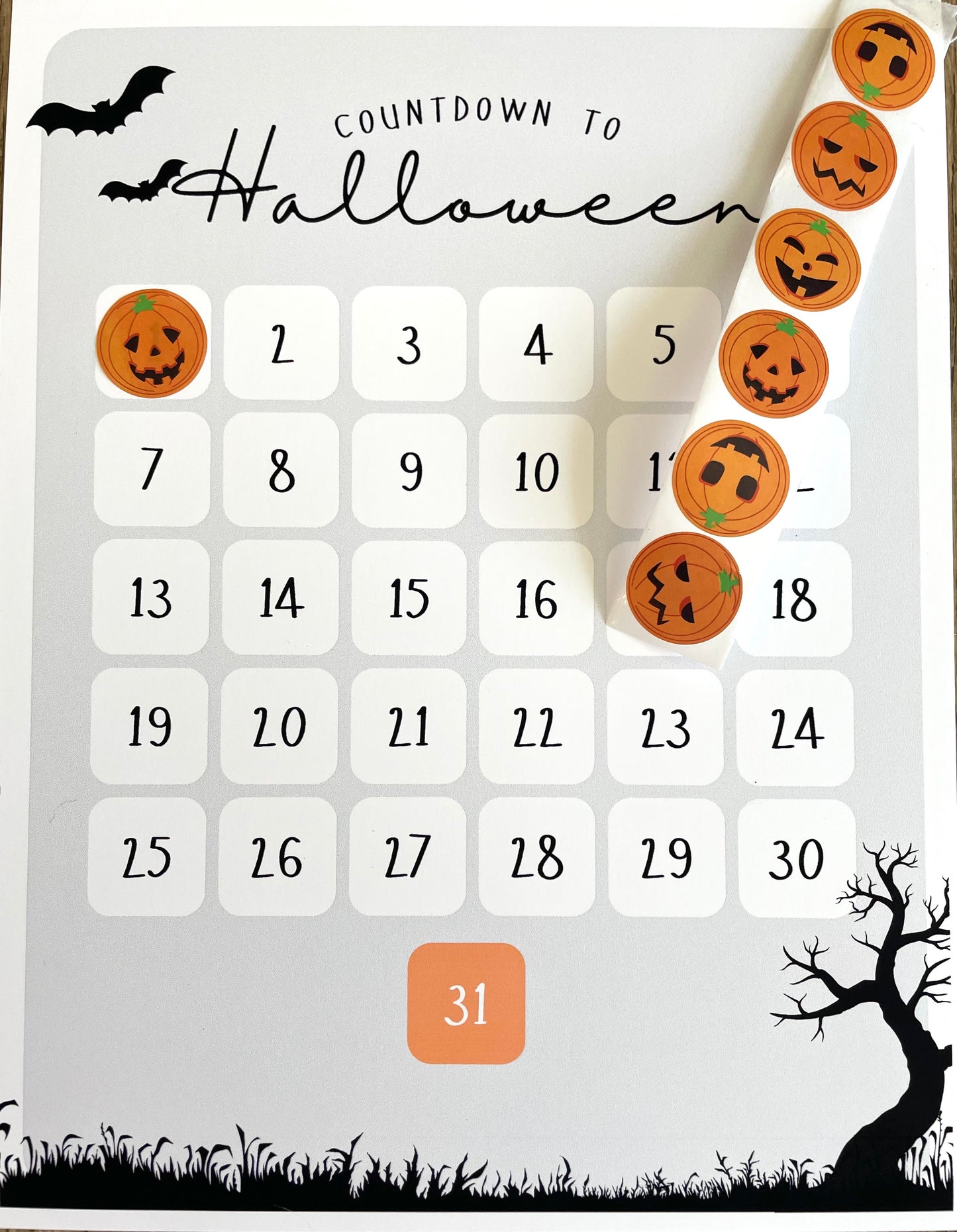 Halloween Countdown Print for Kids with Stickers