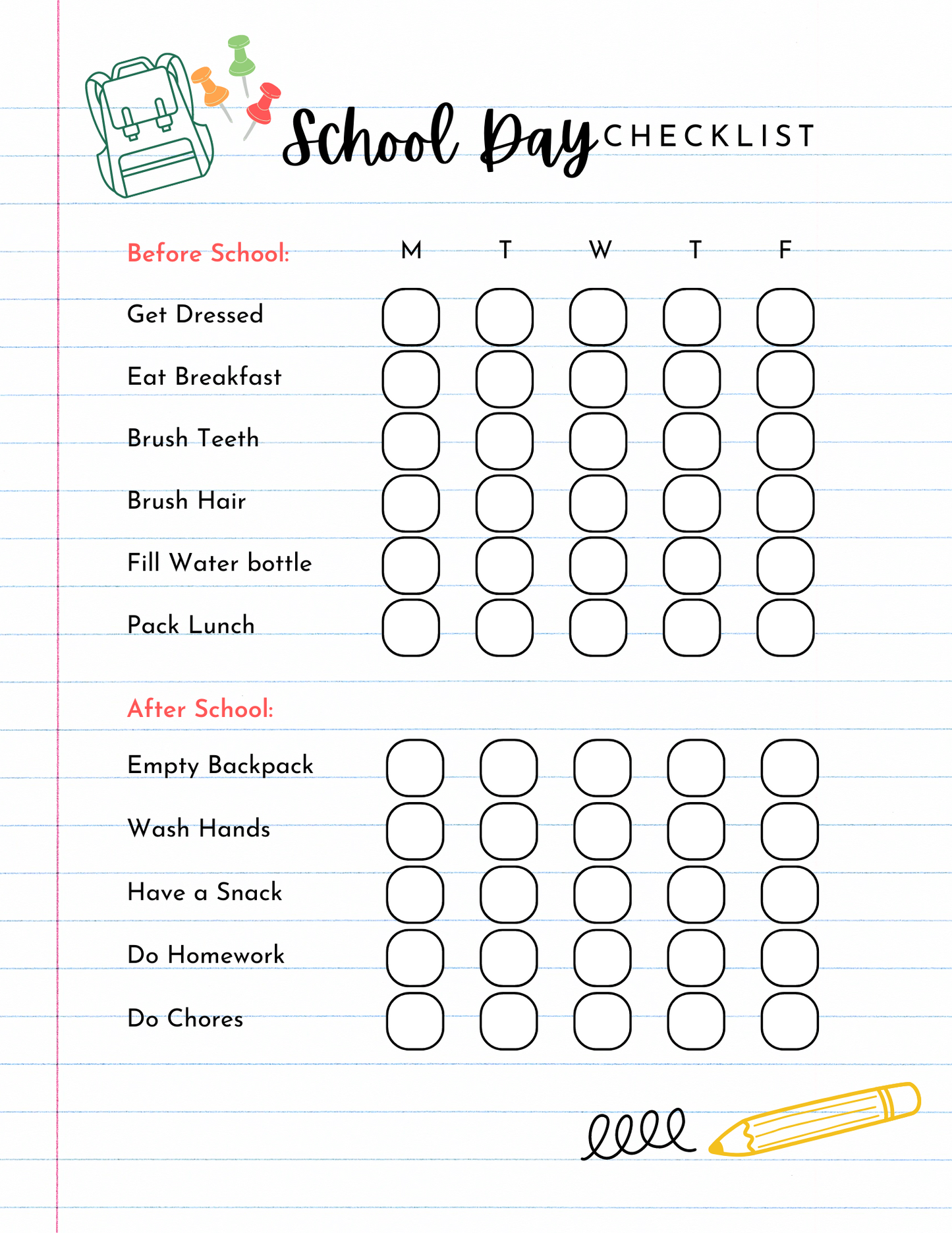 School Day Checklist for Kids (Digital Download)